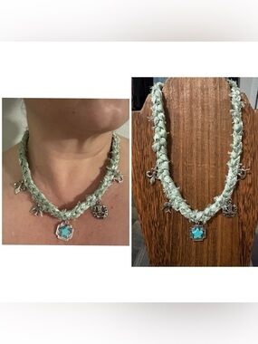 Handmade braided distressed sage green bandana  Pendant Charm Necklace